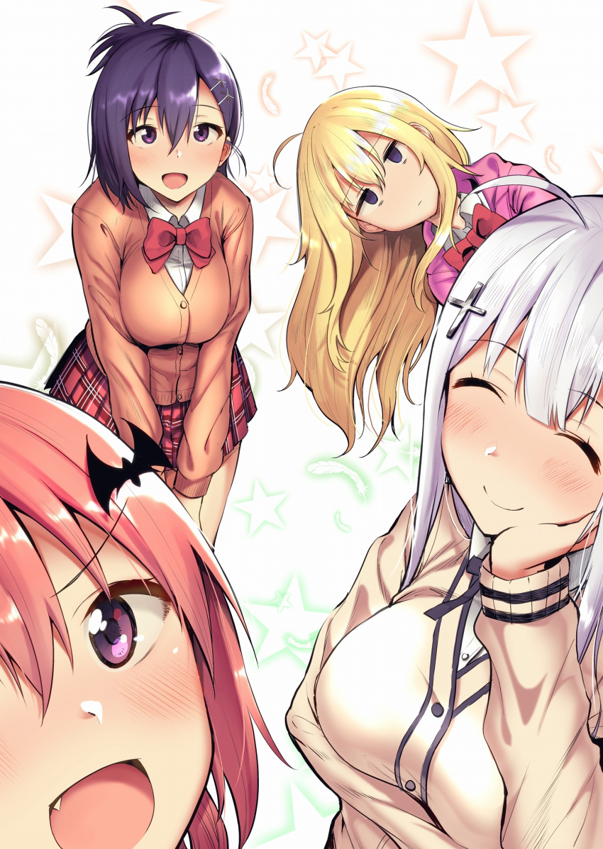 4girls :d ^_^ ahoge amano_don bad_id bad_pixiv_id bags_under_eyes bat_hair_ornament big_breasts blonde_hair blue_eyes blush breasts cardigan closed_eyes closed_mouth collared_shirt commentary_request cross_hair_ornament empty_eyes facing_viewer fang feathers gabriel_dropout gabriel_tenma_white hair_between_eyes hair_ornament hairclip hand_on_own_cheek hand_on_own_face high_res hood hoodie jitome long_hair looking_at_viewer multiple_girls open_mouth plaid plaid_skirt pleated_skirt ponytail purple_eyes purple_hair raphiel_shiraha_ainsworth red_hair red_skirt satanichia_kurumizawa_mcdowell school_uniform shirt silver_hair skirt smile star_(symbol) starry_background v-shaped_eyebrows vignette_tsukinose_april white_background white_shirt wing_collar